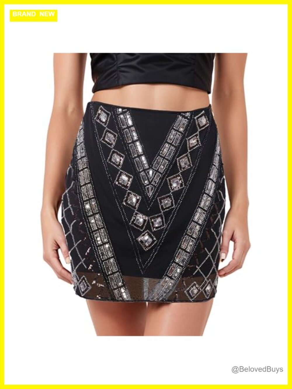 Sequin Mini Skort Sparkly Beaded Bodycon Pencil Skirt High Waist Slit Stretchy
